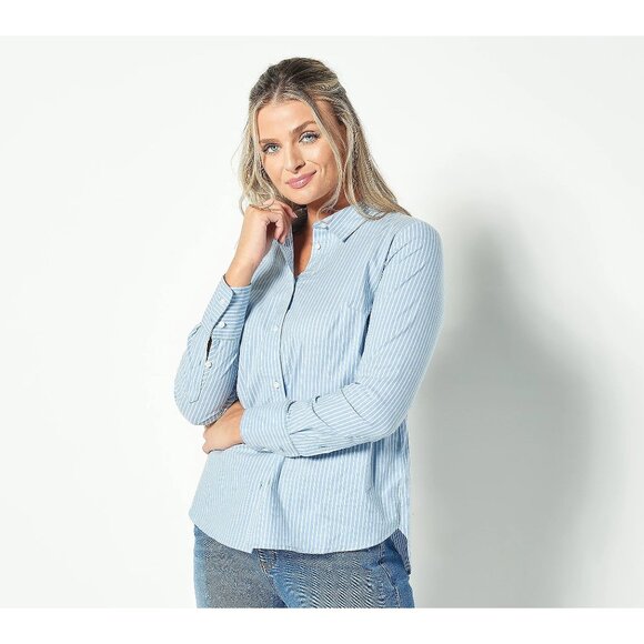 Candace Cameron Bure Regular Hi-Low Boyfriend Shirt Womens L Regatta Stripe NEW - Picture 1 of 8